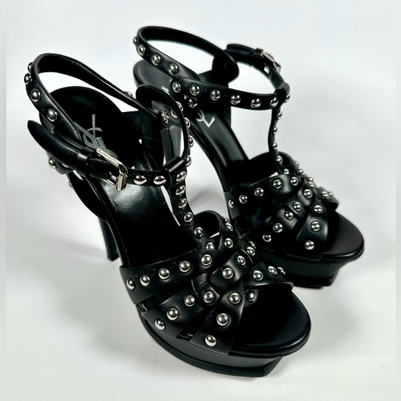 Yves Saint Laurent Black Leather Classic Tribute Studded T-strap Platform Sandal - Picture 2 of 16